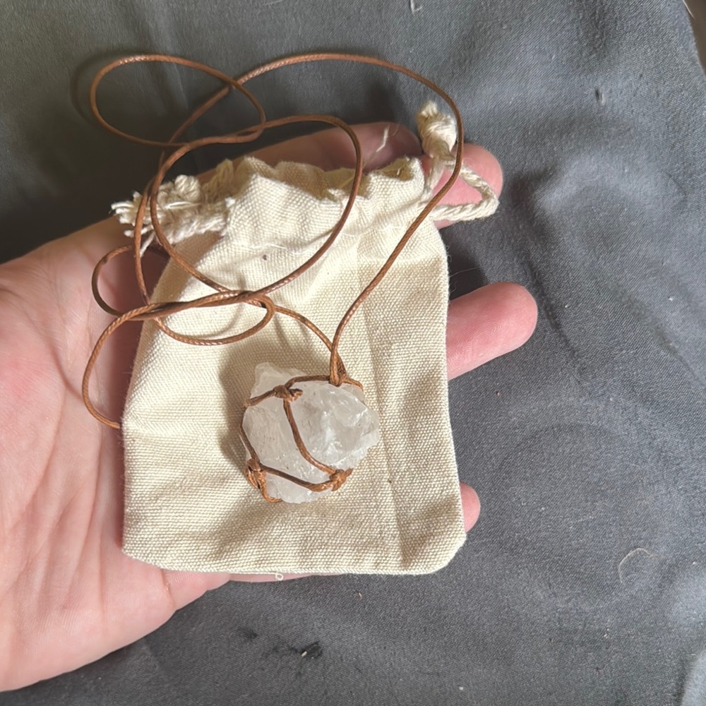 Crystal Clear Quarts Pendant Necklace with Brown Cord